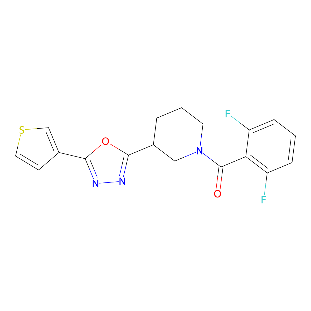 (2,6-Difluorophenyl)(3-(5-(thiophen-3-yl)-1,3,4-oxadiazol-2-yl)piperidin-1-yl)methanone molecular structure, CAS 1797060-39-9