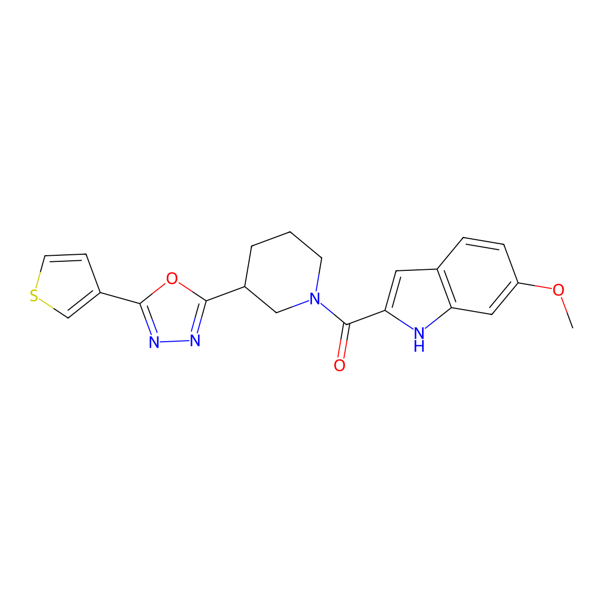 (6-methoxy-1H-indol-2-yl)(3-(5-(thiophen-3-yl)-1,3,4-oxadiazol-2-yl)piperidin-1-yl)methanone molecular structure, CAS 1797060-54-8