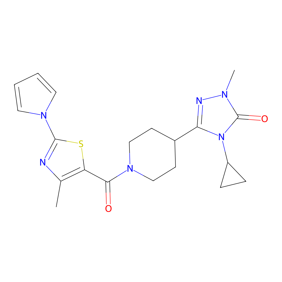 4-cyclopropyl-1-methyl-3-(1-(4-methyl-2-(1H-pyrrol-1-yl)thiazole-5-carbonyl)piperidin-4-yl)-1H-1,2,4-triazol-5(4H)-one molecular structure, CAS 1797060-68-4