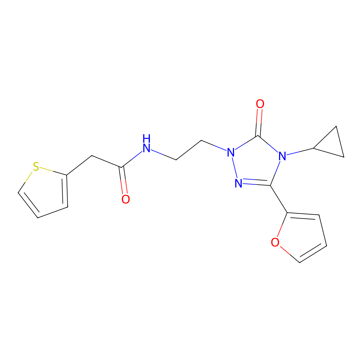 N-{2-[4-cyclopropyl-3-(furan-2-yl)-5-oxo-4,5-dihydro-1H-1,2,4-triazol-1-yl]ethyl}-2-(thiophen-2-yl)acetamide molecular structure, CAS 1797060-74-2