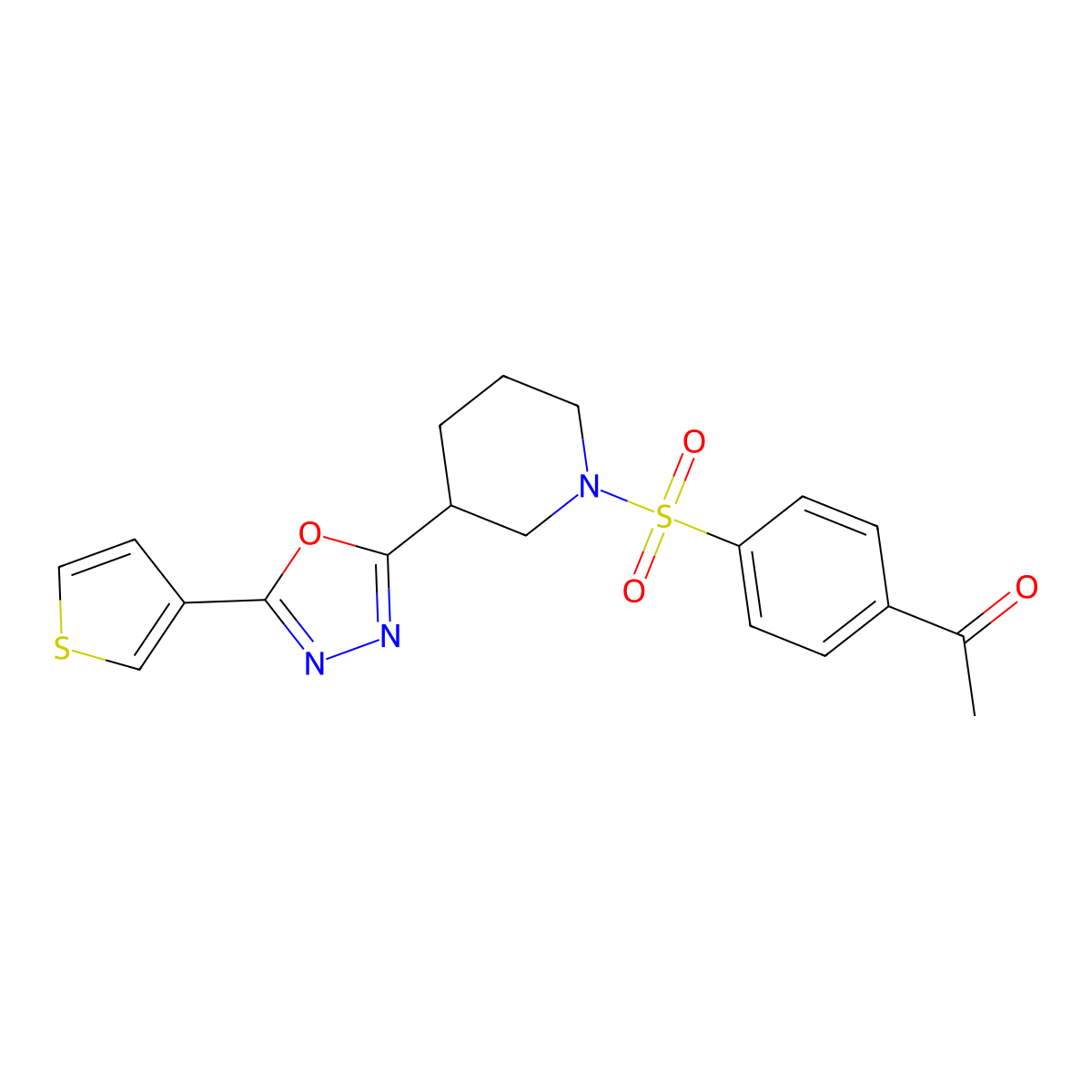 1-(4-((3-(5-(Thiophen-3-yl)-1,3,4-oxadiazol-2-yl)piperidin-1-yl)sulfonyl)phenyl)ethanone molecular structure, CAS 1797061-11-0