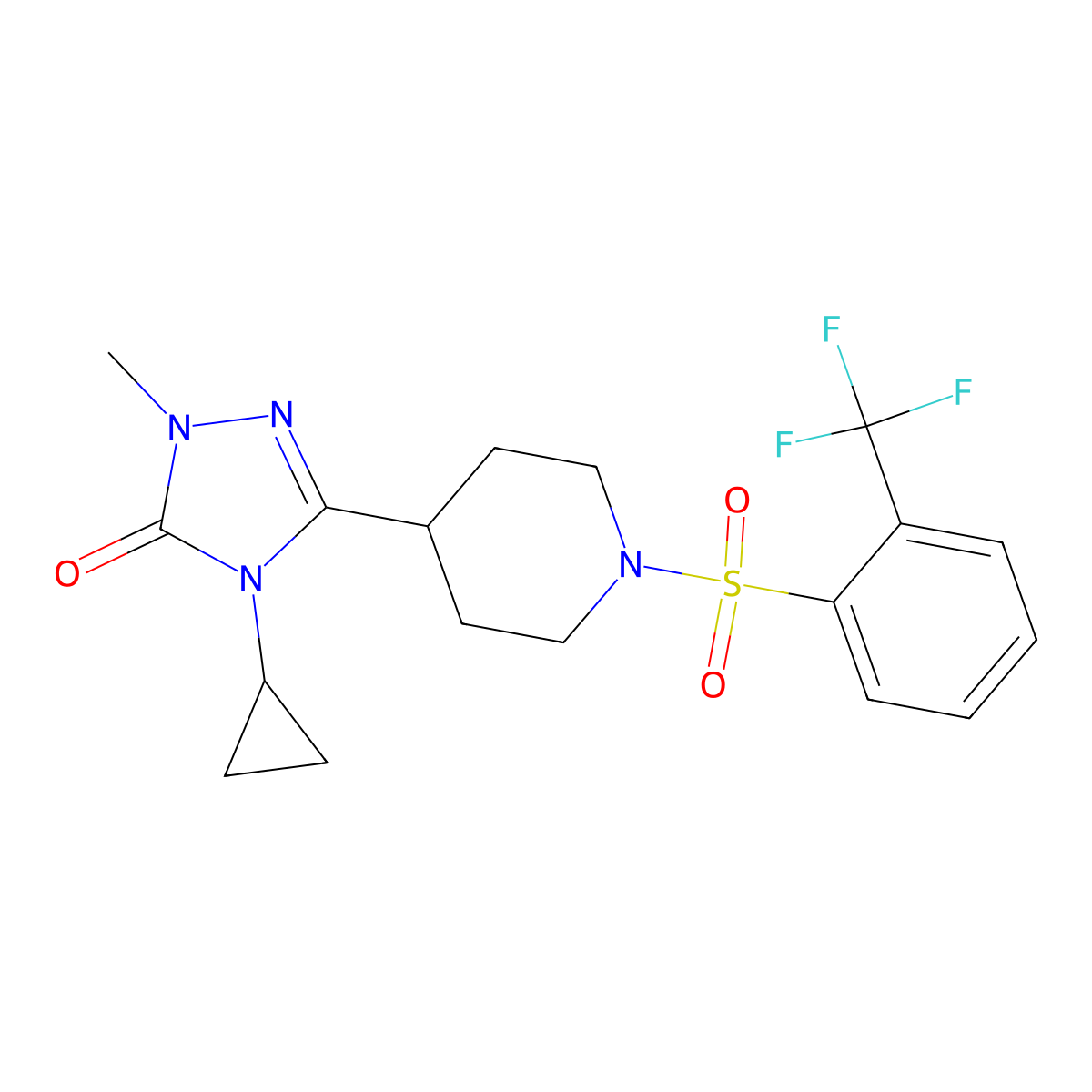 4-cyclopropyl-1-methyl-3-(1-((2-(trifluoromethyl)phenyl)sulfonyl)piperidin-4-yl)-1H-1,2,4-triazol-5(4H)-one molecular structure, CAS 1797061-30-3