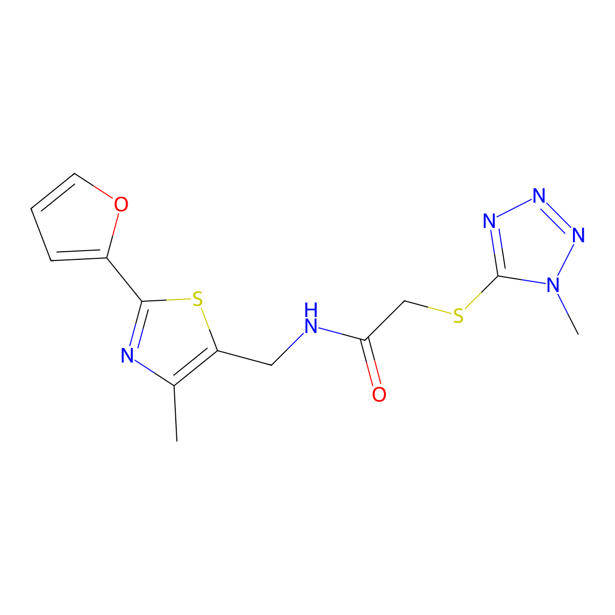N-((2-(furan-2-yl)-4-methylthiazol-5-yl)methyl)-2-((1-methyl-1H-tetrazol-5-yl)thio)acetamide molecular structure, CAS 1797061-96-1