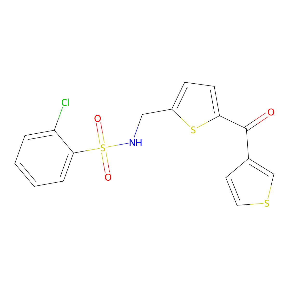 2-chloro-N-((5-(thiophene-3-carbonyl)thiophen-2-yl)methyl)benzenesulfonamide molecular structure, CAS 1797062-79-3