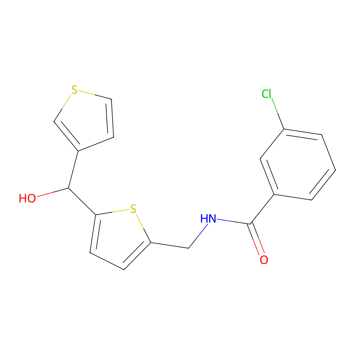 3-chloro-N-({5-[hydroxy(thiophen-3-yl)methyl]thiophen-2-yl}methyl)benzamide molecular structure, CAS 1797063-77-4