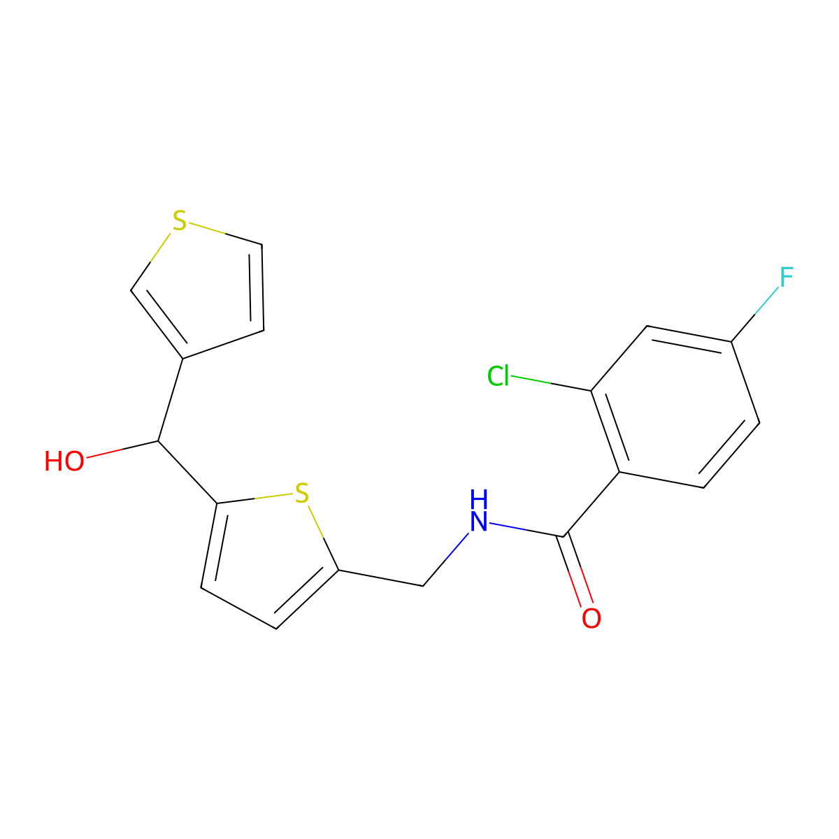 2-chloro-4-fluoro-N-((5-(hydroxy(thiophen-3-yl)methyl)thiophen-2-yl)methyl)benzamide molecular structure, CAS 1797063-79-6