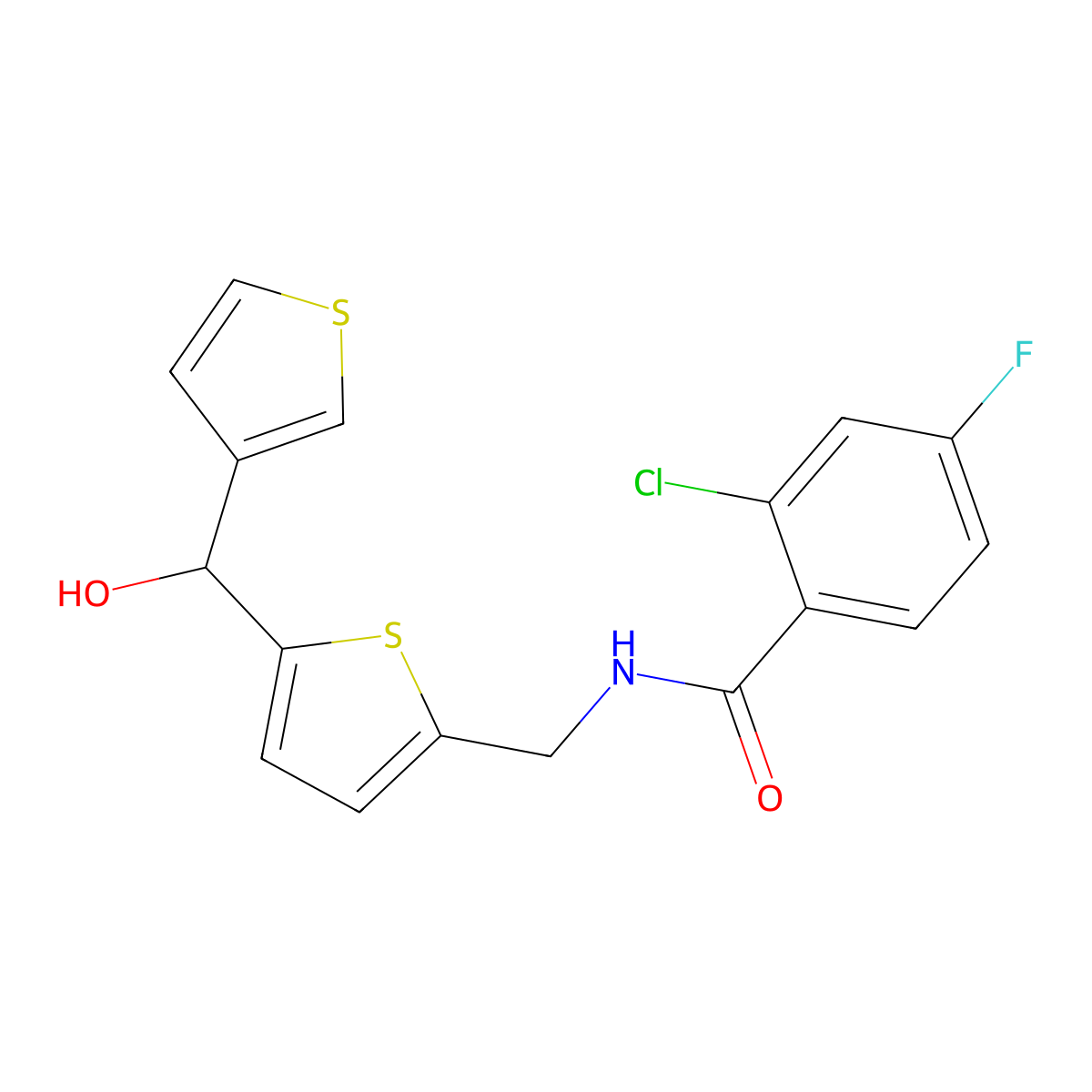 2-chloro-4-fluoro-N-((5-(hydroxy(thiophen-3-yl)methyl)thiophen-2-yl)methyl)benzamide molecular structure, CAS 1797063-79-6