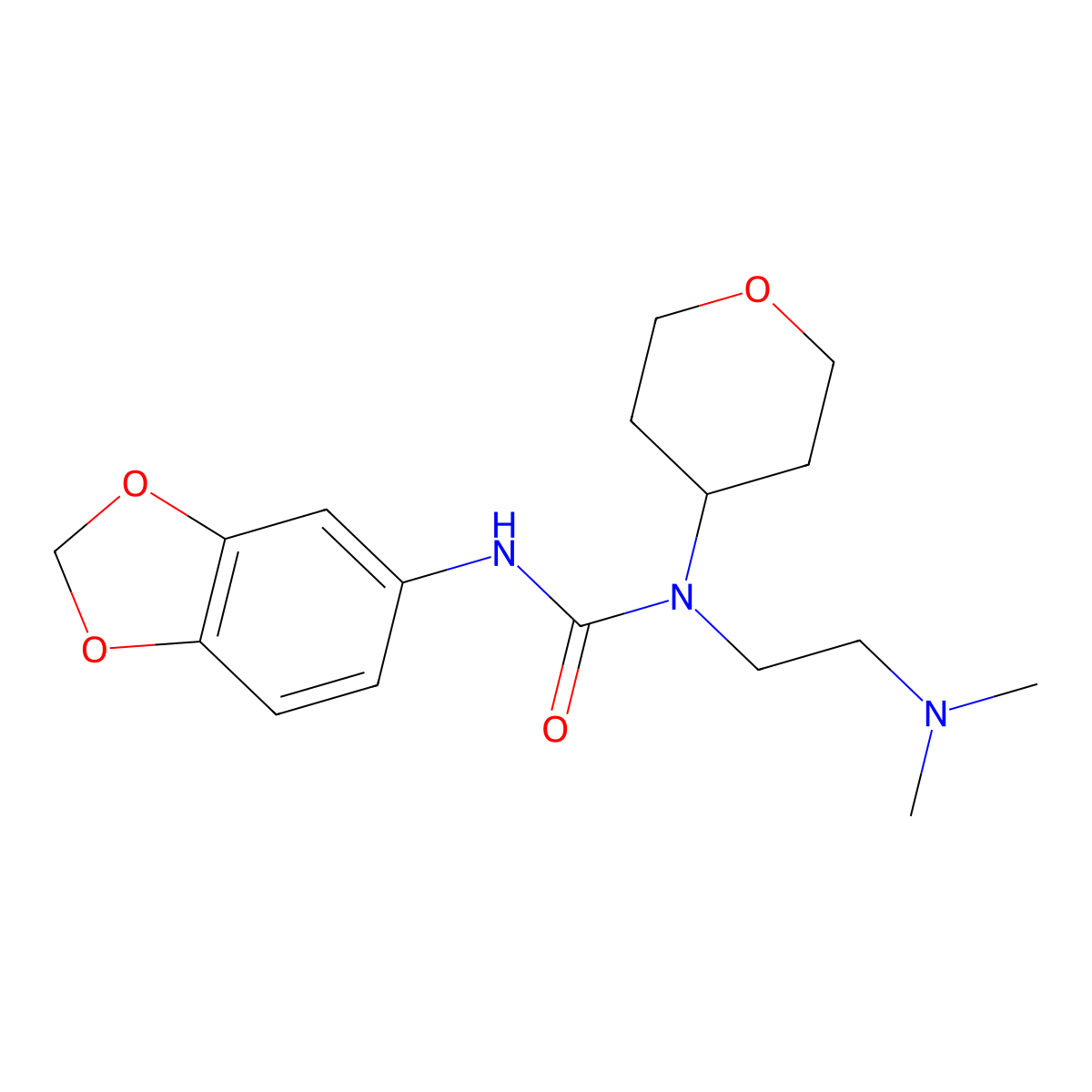 3-(benzo[d][1,3]dioxol-5-yl)-1-(2-(dimethylamino)ethyl)-1-(tetrahydro-2H-pyran-4-yl)urea molecular structure, CAS 1797067-22-1