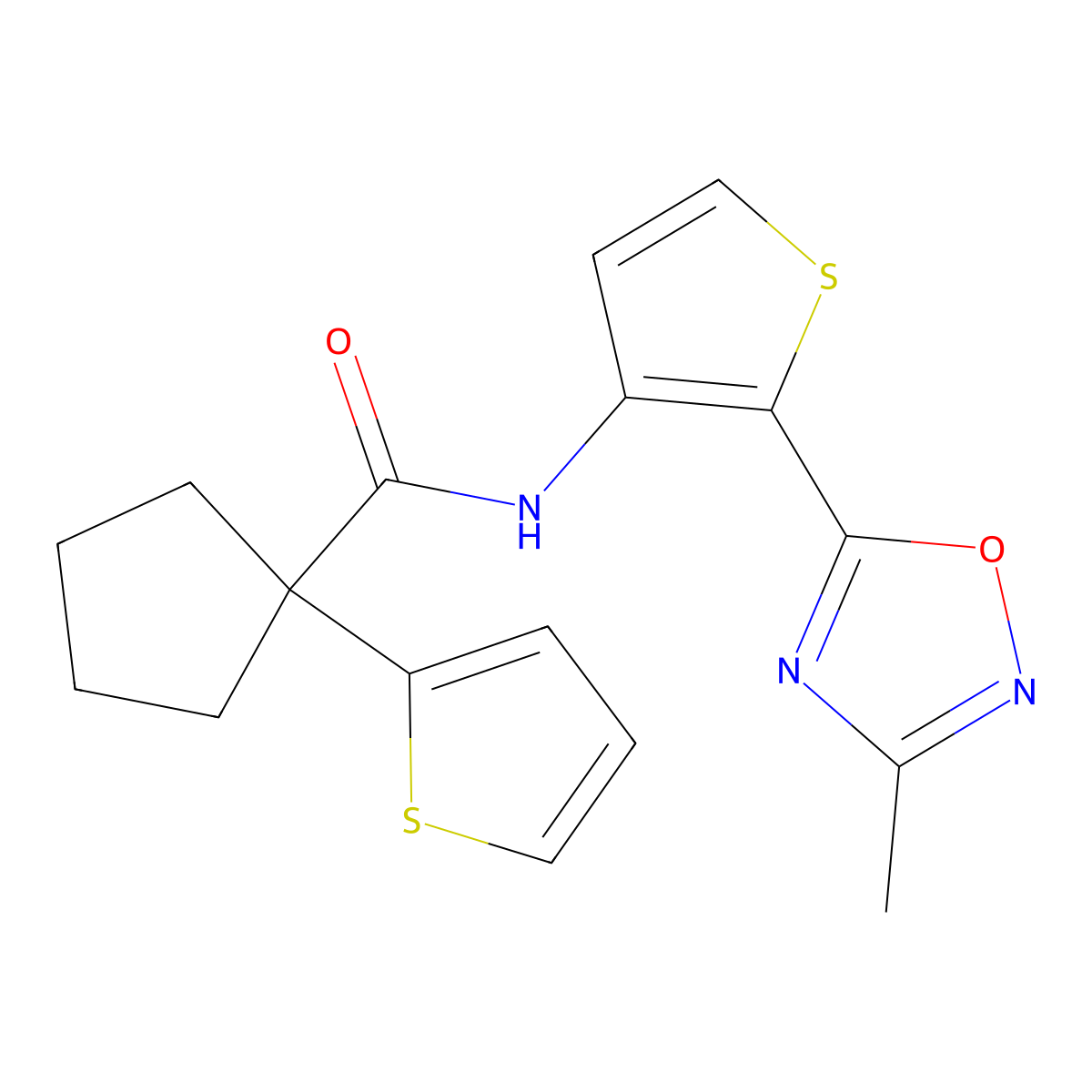 N-(2-(3-methyl-1,2,4-oxadiazol-5-yl)thiophen-3-yl)-1-(thiophen-2-yl)cyclopentanecarboxamide molecular structure, CAS 1797067-40-3