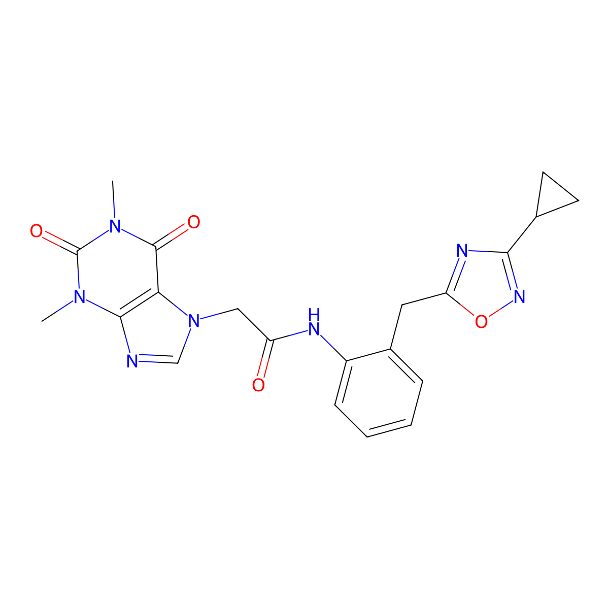 N-(2-((3-cyclopropyl-1,2,4-oxadiazol-5-yl)methyl)phenyl)-2-(1,3-dimethyl-2,6-dioxo-2,3-dihydro-1H-purin-7(6H)-yl)acetamide molecular structure, CAS 1797067-57-2