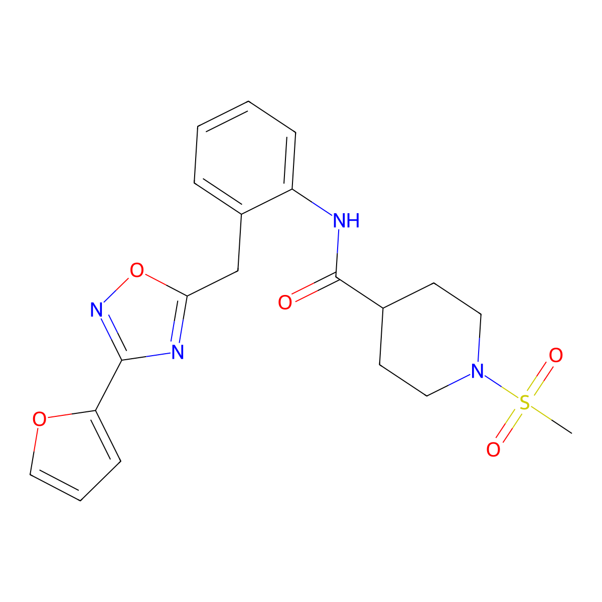 N-(2-((3-(furan-2-yl)-1,2,4-oxadiazol-5-yl)methyl)phenyl)-1-(methylsulfonyl)piperidine-4-carboxamide molecular structure, CAS 1797068-11-1