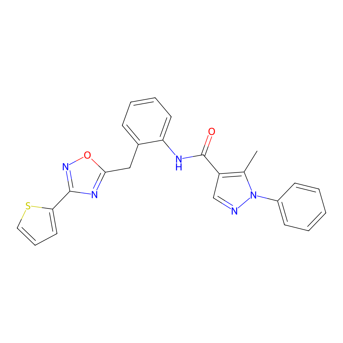 5-methyl-1-phenyl-N-(2-((3-(thiophen-2-yl)-1,2,4-oxadiazol-5-yl)methyl)phenyl)-1H-pyrazole-4-carboxamide molecular structure, CAS 1797068-69-9