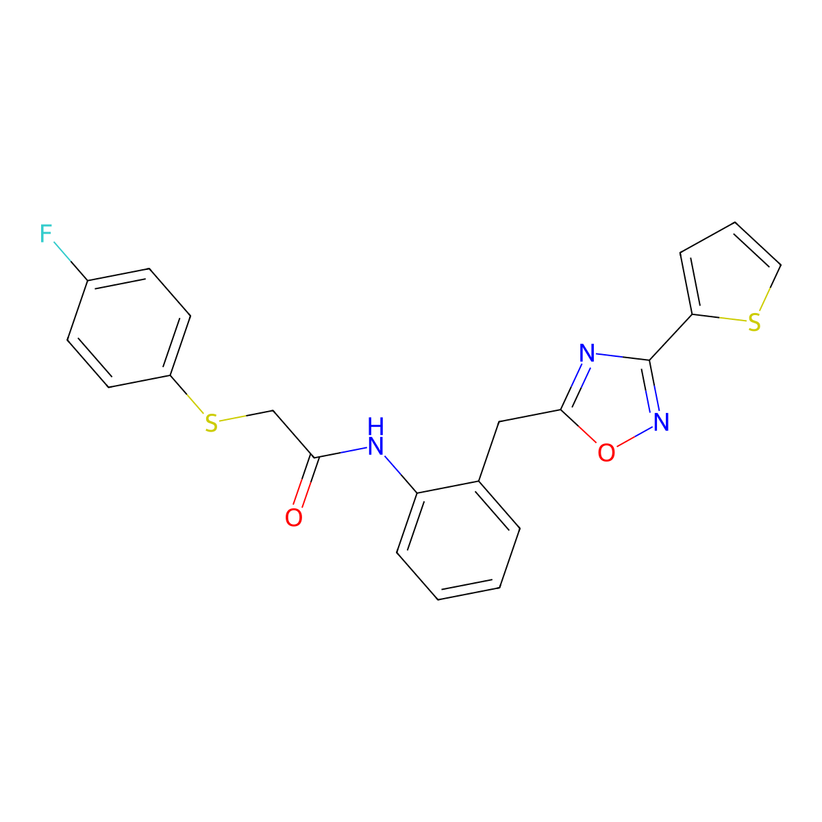 2-((4-fluorophenyl)thio)-N-(2-((3-(thiophen-2-yl)-1,2,4-oxadiazol-5-yl)methyl)phenyl)acetamide molecular structure, CAS 1797068-78-0