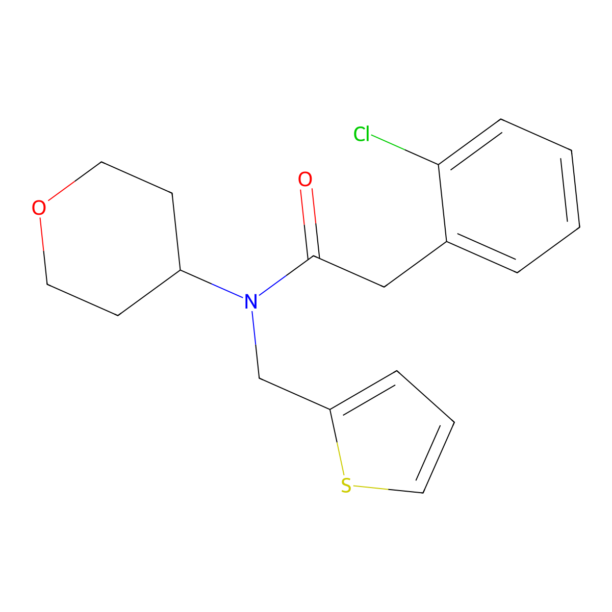 2-(2-chlorophenyl)-N-(tetrahydro-2H-pyran-4-yl)-N-(thiophen-2-ylmethyl)acetamide molecular structure, CAS 1797069-24-9