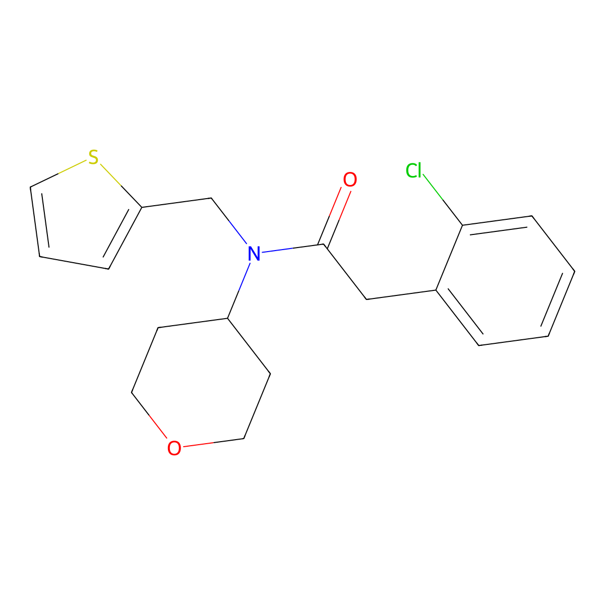 2-(2-chlorophenyl)-N-(tetrahydro-2H-pyran-4-yl)-N-(thiophen-2-ylmethyl)acetamide molecular structure, CAS 1797069-24-9