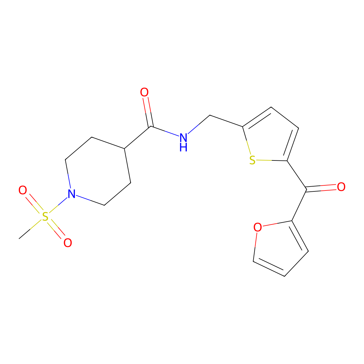 N-((5-(furan-2-carbonyl)thiophen-2-yl)methyl)-1-(methylsulfonyl)piperidine-4-carboxamide molecular structure, CAS 1797069-50-1
