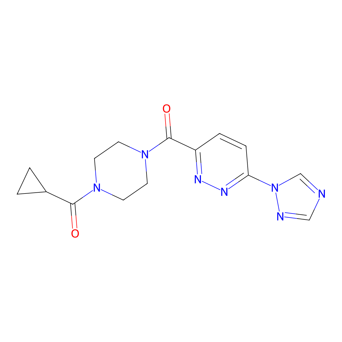 (6-(1H-1,2,4-triazol-1-yl)pyridazin-3-yl)(4-(cyclopropanecarbonyl)piperazin-1-yl)methanone molecular structure, CAS 1797072-42-4
