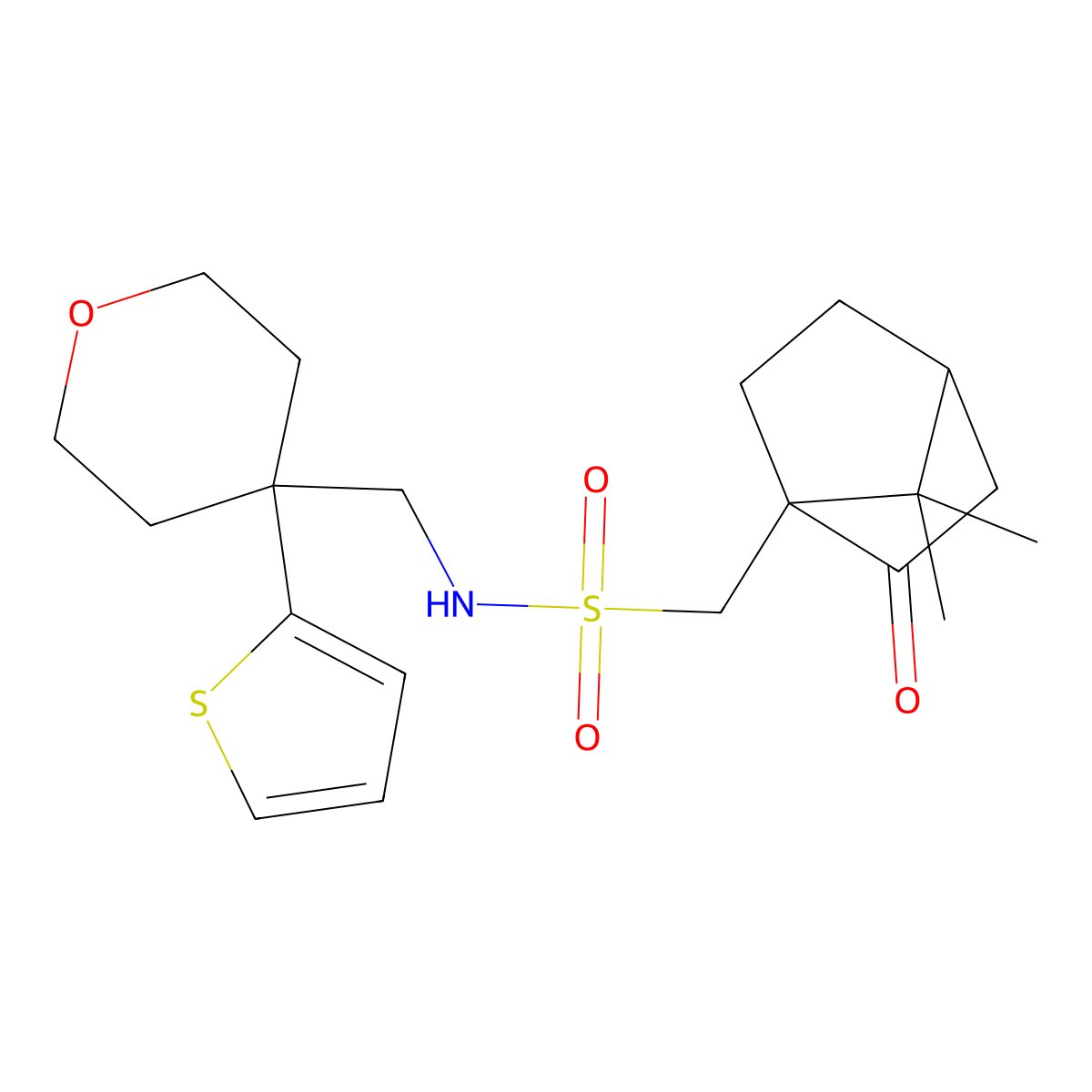 1-(7,7-dimethyl-2-oxobicyclo[2.2.1]heptan-1-yl)-N-((4-(thiophen-2-yl)tetrahydro-2H-pyran-4-yl)methyl)methanesulfonamide molecular structure, CAS 1797074-04-4