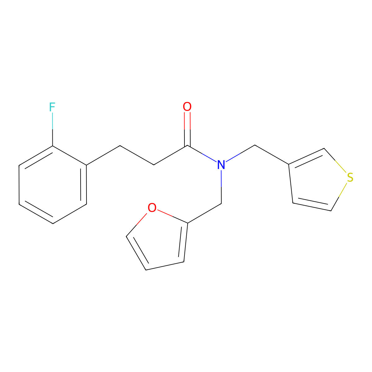 3-(2-fluorophenyl)-N-(furan-2-ylmethyl)-N-(thiophen-3-ylmethyl)propanamide molecular structure, CAS 1797074-14-6