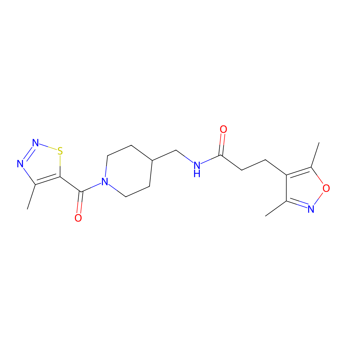 3-(3,5-dimethylisoxazol-4-yl)-N-((1-(4-methyl-1,2,3-thiadiazole-5-carbonyl)piperidin-4-yl)methyl)propanamide molecular structure, CAS 1797074-52-2