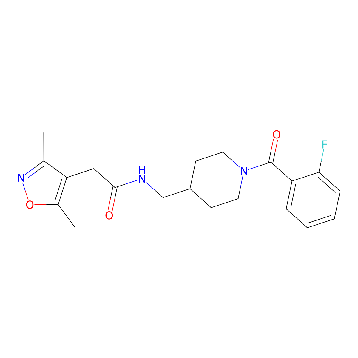 2-(3,5-dimethylisoxazol-4-yl)-N-((1-(2-fluorobenzoyl)piperidin-4-yl)methyl)acetamide molecular structure, CAS 1797074-69-1