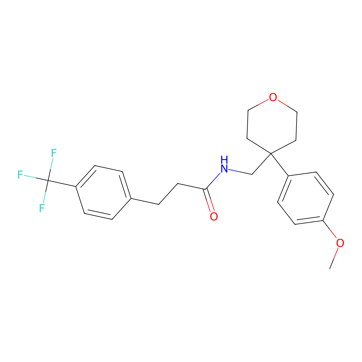 N-((4-(4-methoxyphenyl)tetrahydro-2H-pyran-4-yl)methyl)-3-(4-(trifluoromethyl)phenyl)propanamide molecular structure, CAS 1797075-51-4