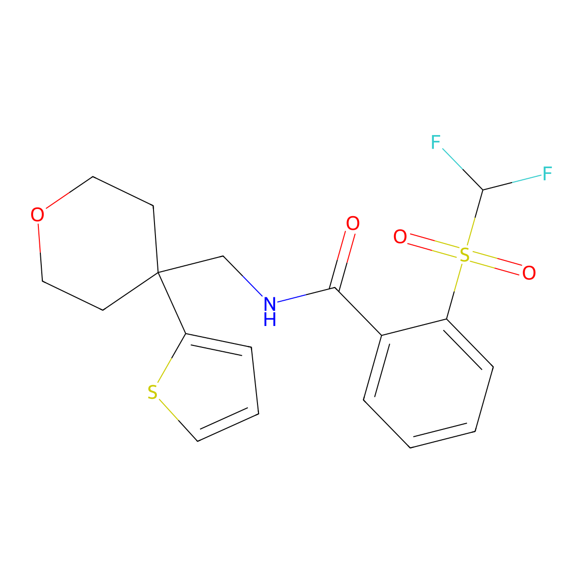2-((difluoromethyl)sulfonyl)-N-((4-(thiophen-2-yl)tetrahydro-2H-pyran-4-yl)methyl)benzamide molecular structure, CAS 1797075-57-0