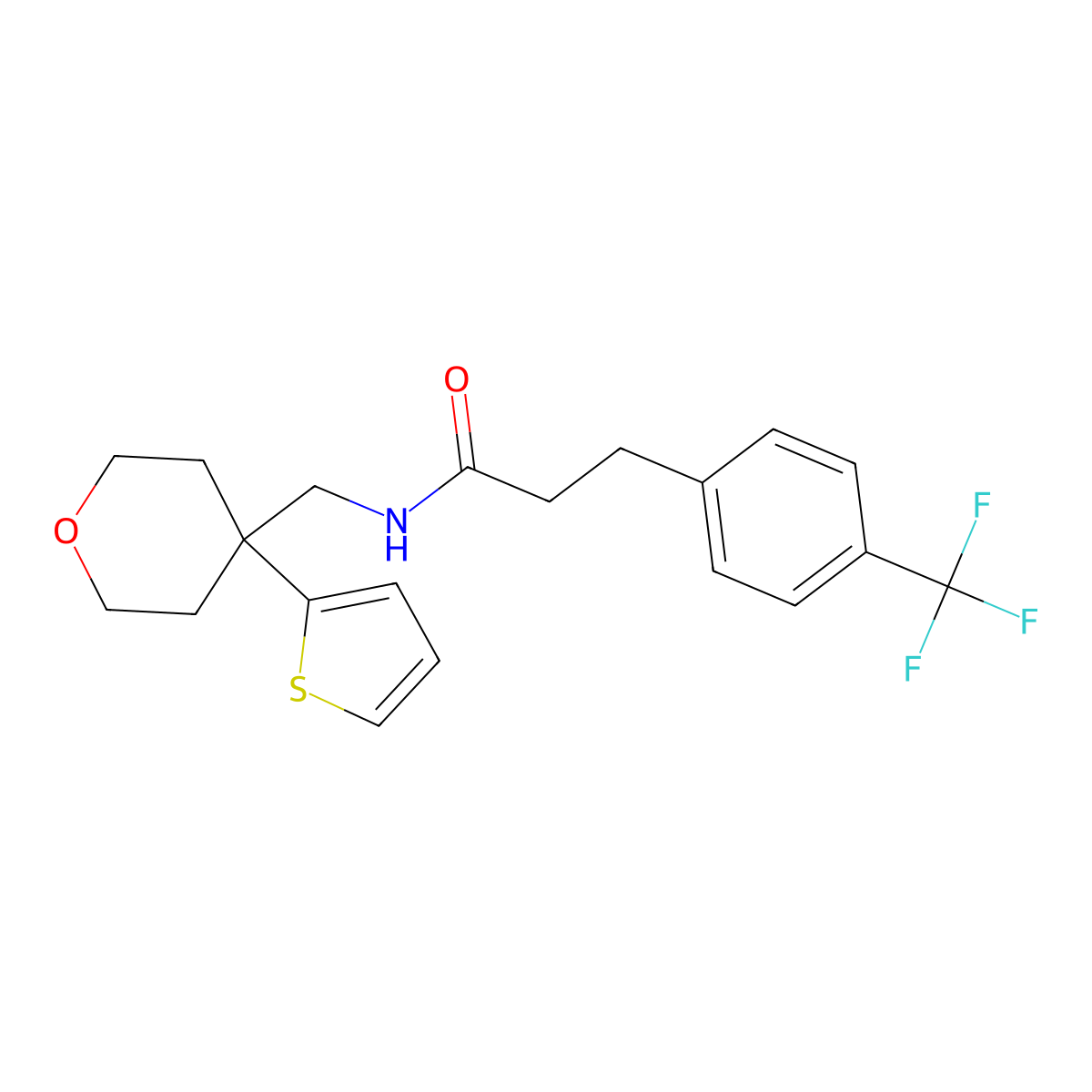 N-((4-(thiophen-2-yl)tetrahydro-2H-pyran-4-yl)methyl)-3-(4-(trifluoromethyl)phenyl)propanamide molecular structure, CAS 1797075-63-8