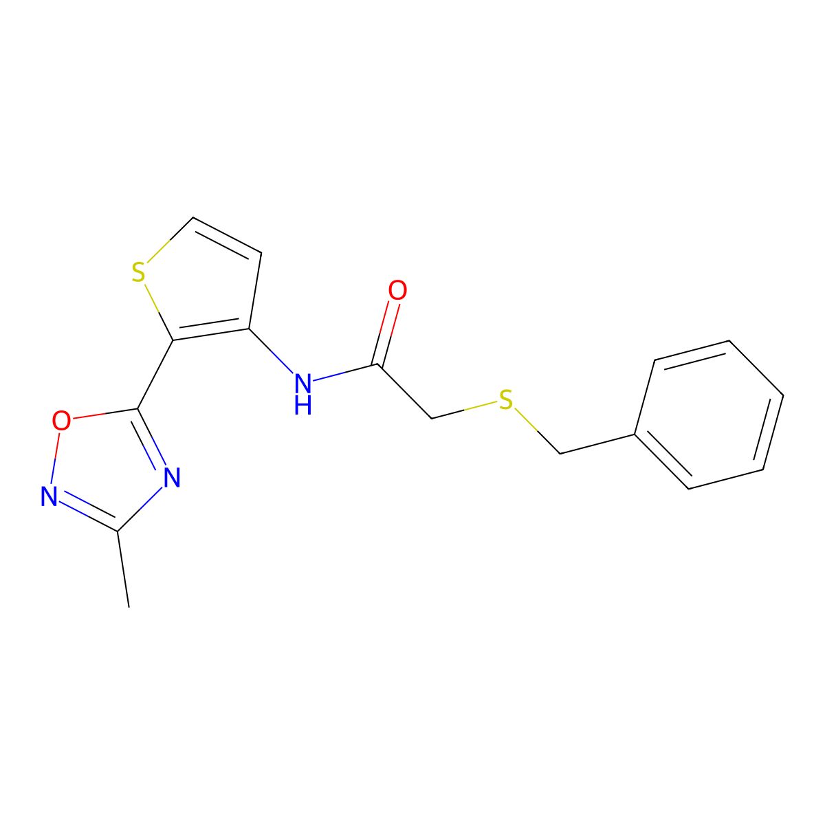 2-(benzylthio)-N-(2-(3-methyl-1,2,4-oxadiazol-5-yl)thiophen-3-yl)acetamide molecular structure, CAS 1797076-15-3