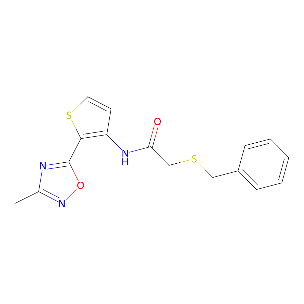 2-(benzylthio)-N-(2-(3-methyl-1,2,4-oxadiazol-5-yl)thiophen-3-yl)acetamide molecular structure, CAS 1797076-15-3