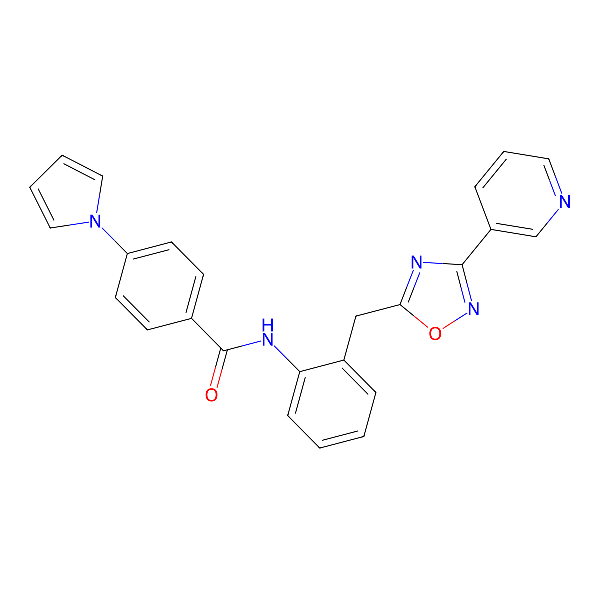 N-(2-((3-(pyridin-3-yl)-1,2,4-oxadiazol-5-yl)methyl)phenyl)-4-(1H-pyrrol-1-yl)benzamide molecular structure, CAS 1797076-56-2