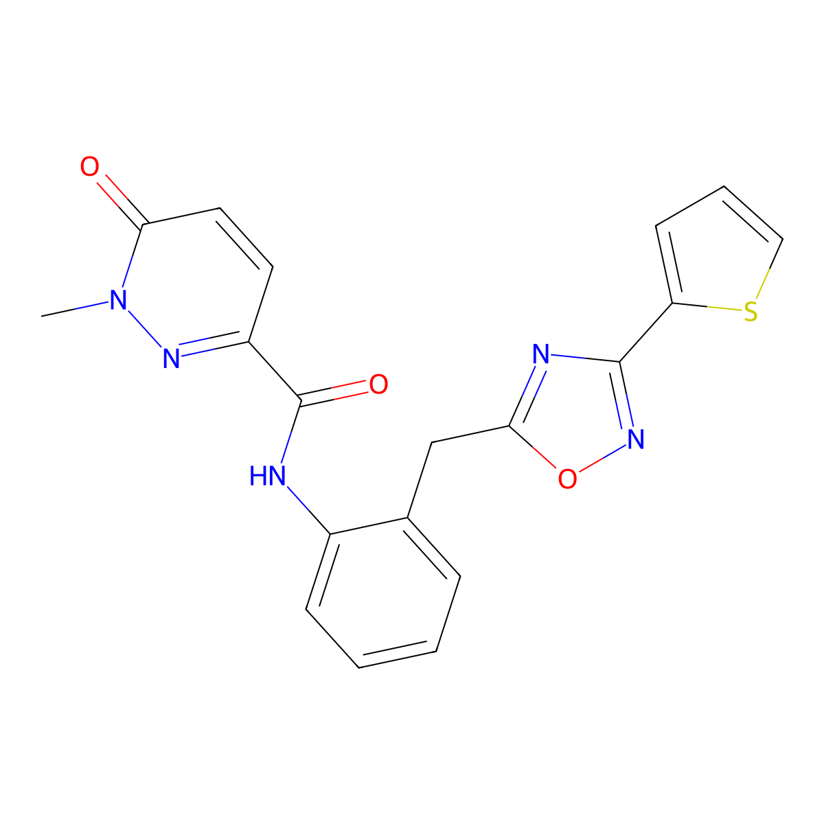 1-methyl-6-oxo-N-(2-((3-(thiophen-2-yl)-1,2,4-oxadiazol-5-yl)methyl)phenyl)-1,6-dihydropyridazine-3-carboxamide molecular structure, CAS 1797076-79-9