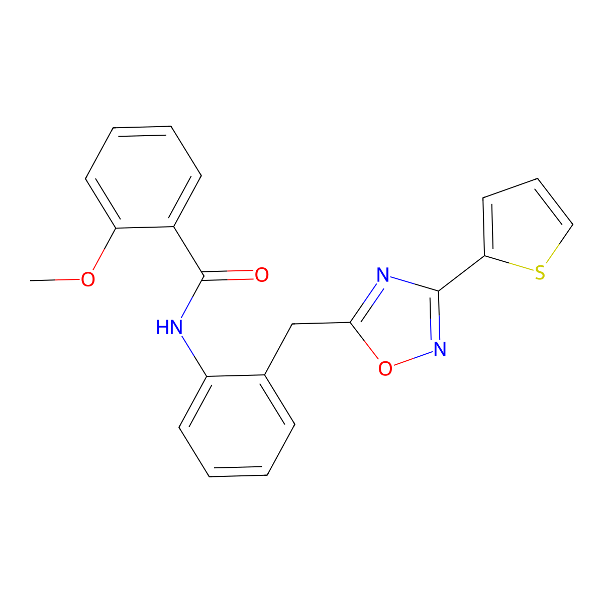 2-methoxy-N-(2-((3-(thiophen-2-yl)-1,2,4-oxadiazol-5-yl)methyl)phenyl)benzamide molecular structure, CAS 1797076-88-0