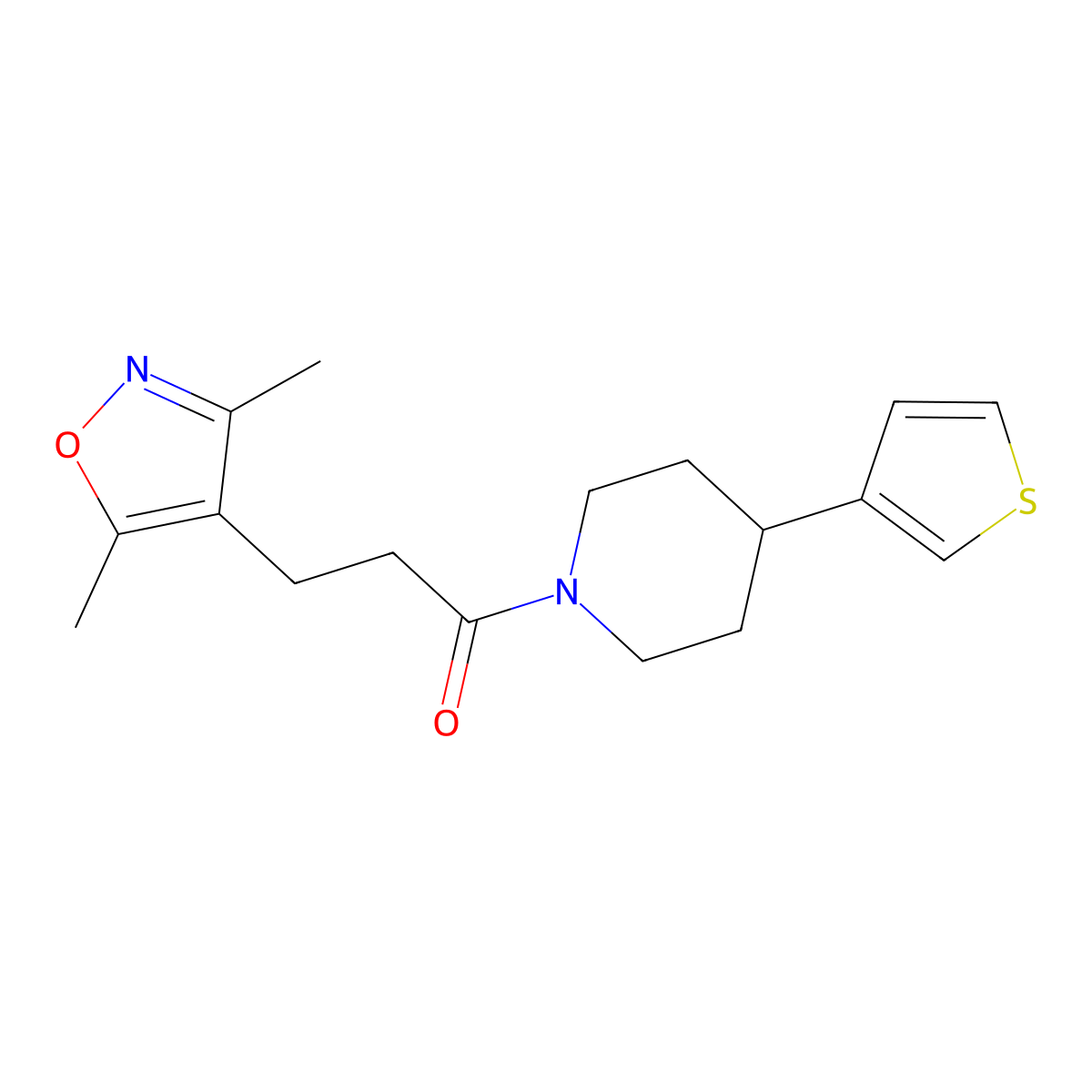 3-(3,5-Dimethylisoxazol-4-yl)-1-(4-(thiophen-3-yl)piperidin-1-yl)propan-1-one molecular structure, CAS 1797076-89-1