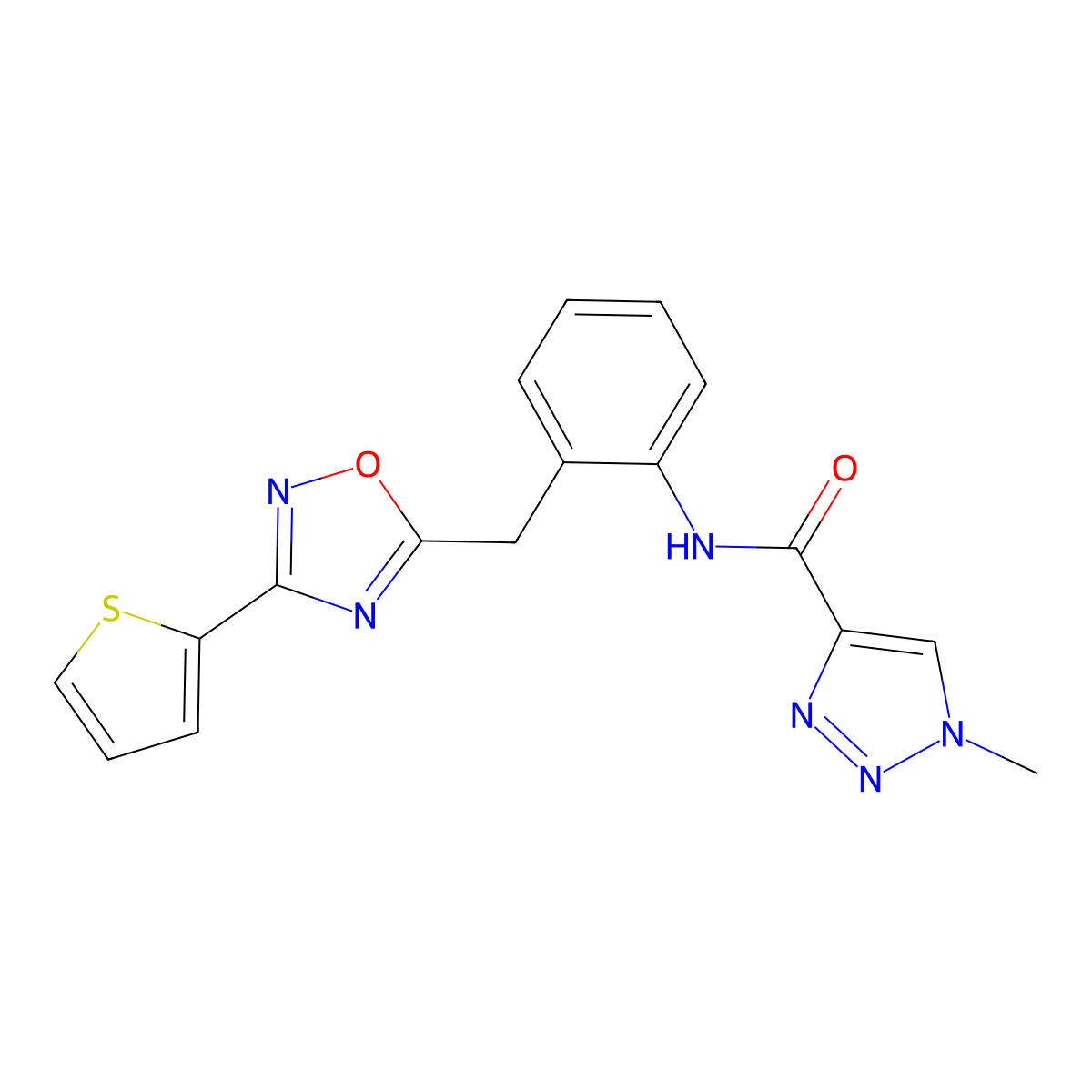 1-methyl-N-(2-{[3-(thiophen-2-yl)-1,2,4-oxadiazol-5-yl]methyl}phenyl)-1H-1,2,3-triazole-4-carboxamide molecular structure, CAS 1797077-07-6