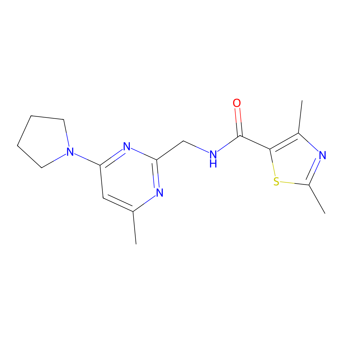 2,4-Dimethyl-N-{[4-methyl-6-(pyrrolidin-1-YL)pyrimidin-2-YL]methyl}-1,3-thiazole-5-carboxamide molecular structure, CAS 1797077-44-1