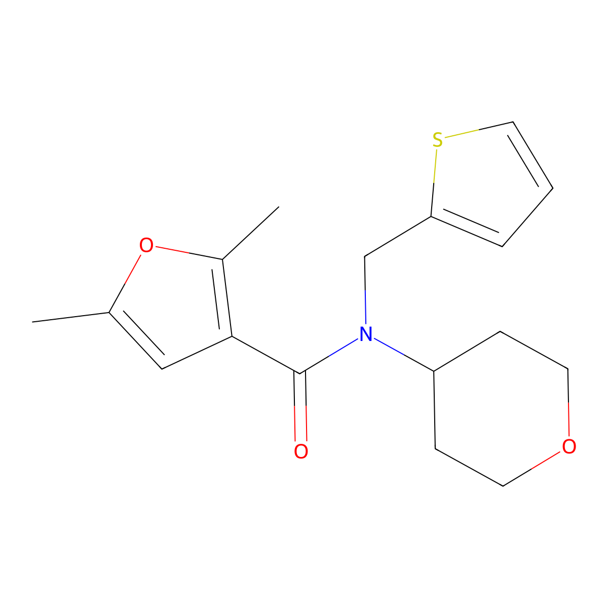 2,5-dimethyl-N-(oxan-4-yl)-N-[(thiophen-2-yl)methyl]furan-3-carboxamide molecular structure, CAS 1797077-47-4