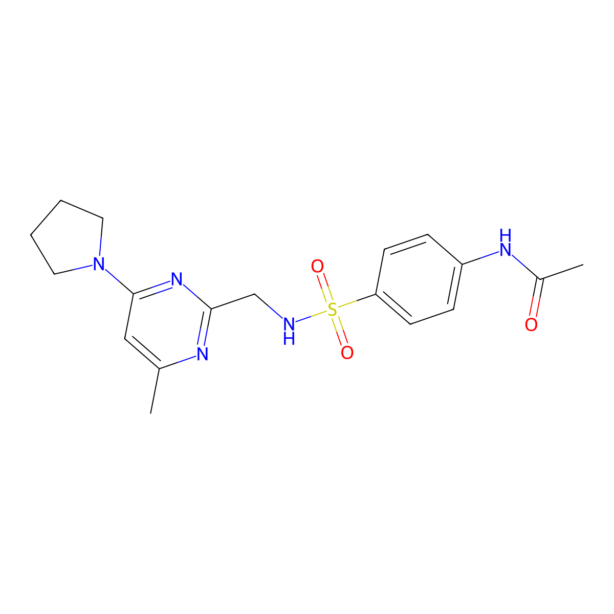 N-(4-(N-((4-methyl-6-(pyrrolidin-1-yl)pyrimidin-2-yl)methyl)sulfamoyl)phenyl)acetamide molecular structure, CAS 1797077-55-4