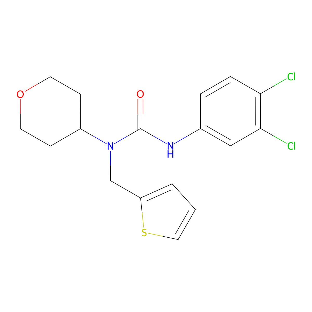 3-(3,4-dichlorophenyl)-1-(tetrahydro-2H-pyran-4-yl)-1-(thiophen-2-ylmethyl)urea molecular structure, CAS 1797077-57-6