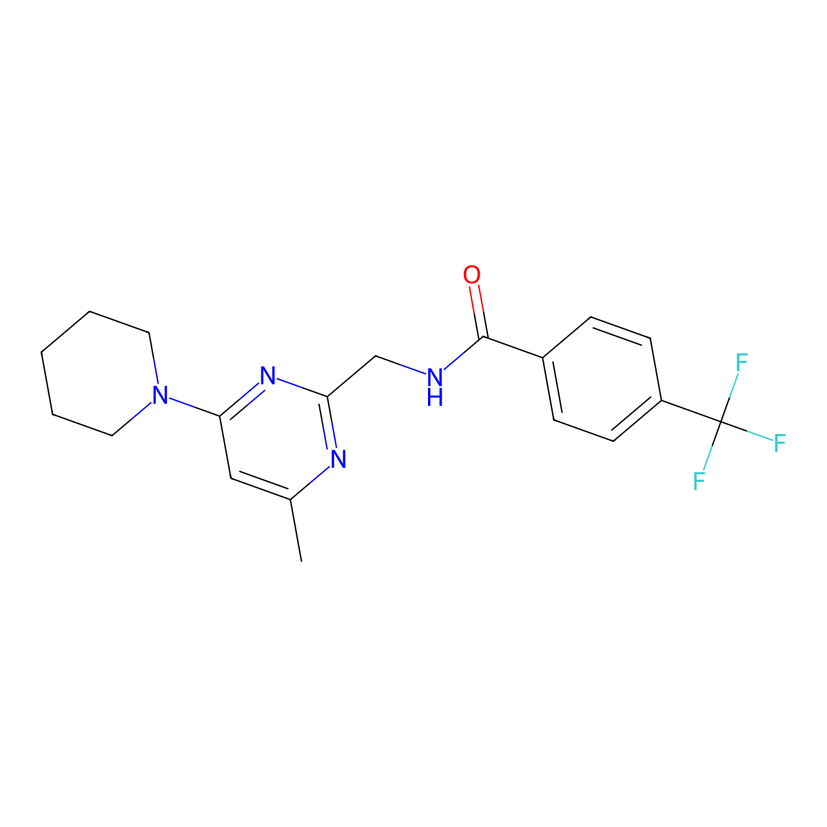 N-((4-methyl-6-(piperidin-1-yl)pyrimidin-2-yl)methyl)-4-(trifluoromethyl)benzamide molecular structure, CAS 1797077-65-6