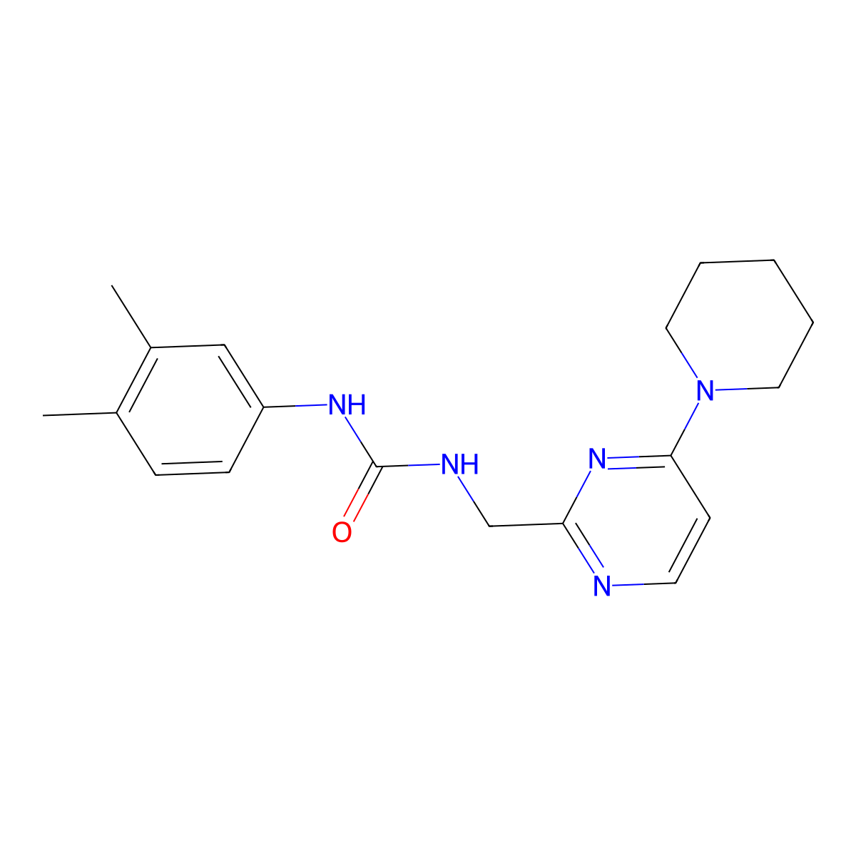 1-(3,4-Dimethylphenyl)-3-{[4-(piperidin-1-yl)pyrimidin-2-yl]methyl}urea molecular structure, CAS 1797078-02-4