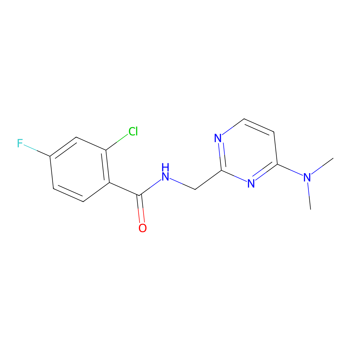 2-chloro-N-{[4-(dimethylamino)pyrimidin-2-yl]methyl}-4-fluorobenzamide molecular structure, CAS 1797078-69-3