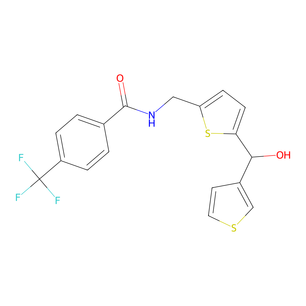 N-((5-(hydroxy(thiophen-3-yl)methyl)thiophen-2-yl)methyl)-4-(trifluoromethyl)benzamide molecular structure, CAS 1797079-09-4