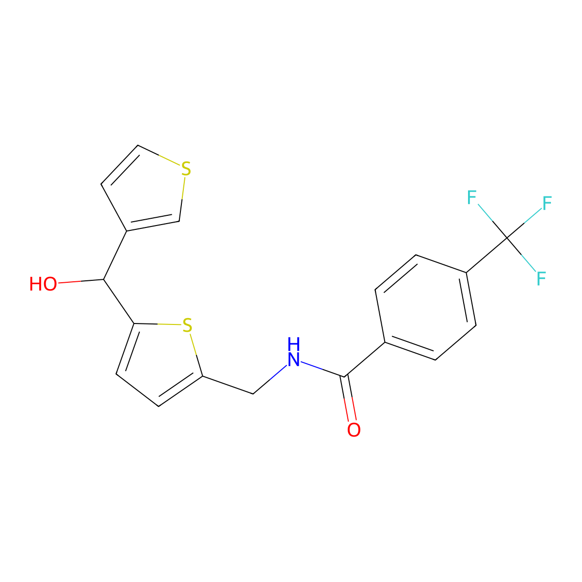 N-((5-(hydroxy(thiophen-3-yl)methyl)thiophen-2-yl)methyl)-4-(trifluoromethyl)benzamide molecular structure, CAS 1797079-09-4