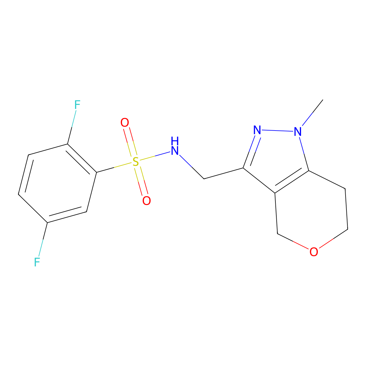2,5-difluoro-N-((1-methyl-1,4,6,7-tetrahydropyrano[4,3-c]pyrazol-3-yl)methyl)benzenesulfonamide molecular structure, CAS 1797079-71-0