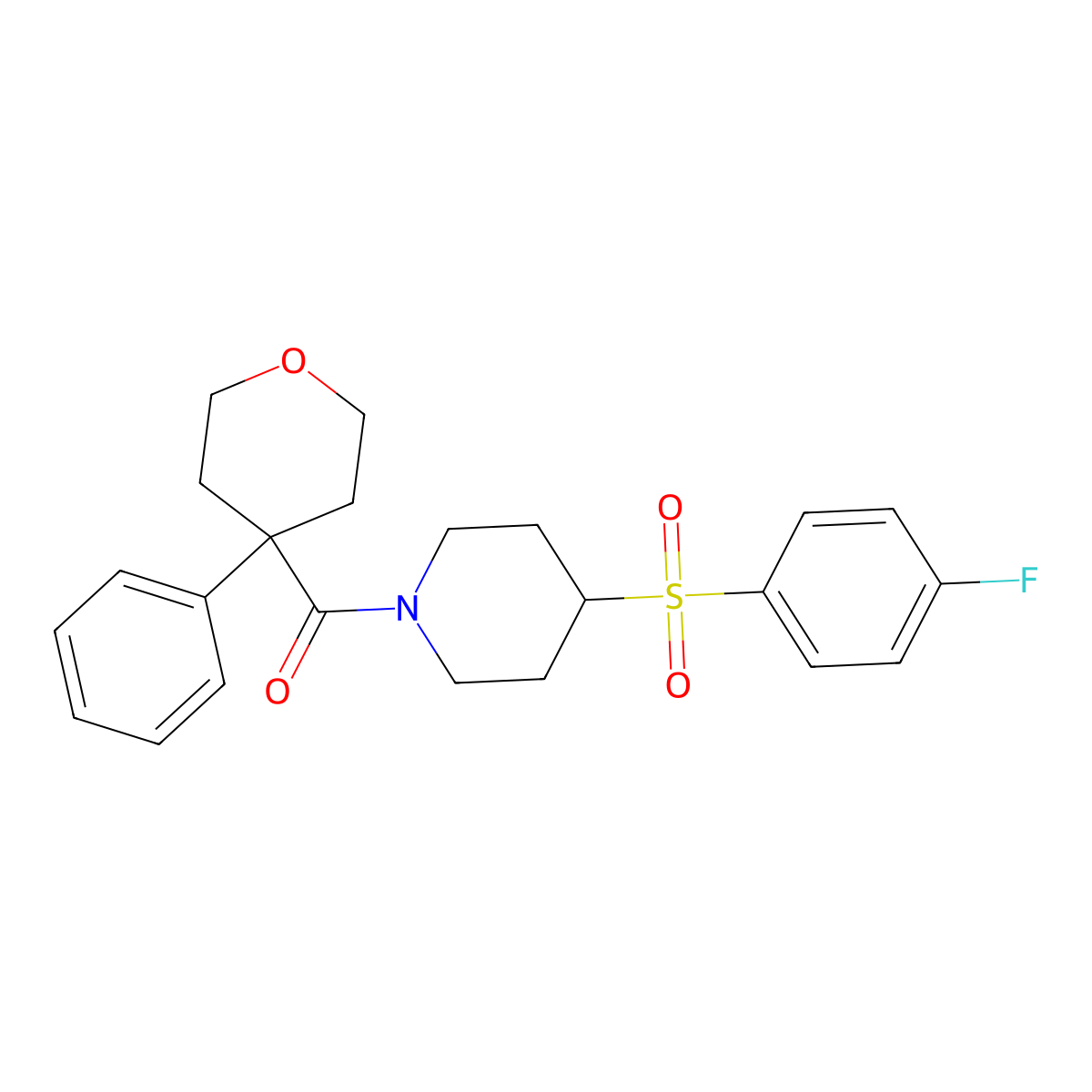 (4-((4-fluorophenyl)sulfonyl)piperidin-1-yl)(4-phenyltetrahydro-2H-pyran-4-yl)methanone molecular structure, CAS 1797080-18-2