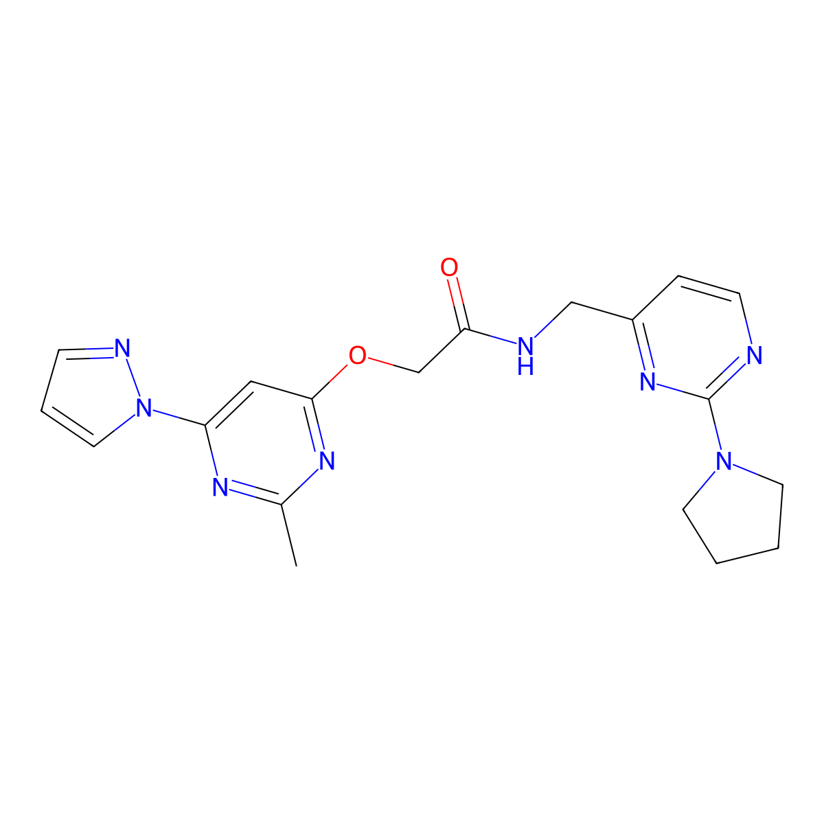 2-{[2-methyl-6-(1H-pyrazol-1-yl)pyrimidin-4-yl]oxy}-N-{[2-(pyrrolidin-1-yl)pyrimidin-4-yl]methyl}acetamide molecular structure, CAS 1797081-63-0