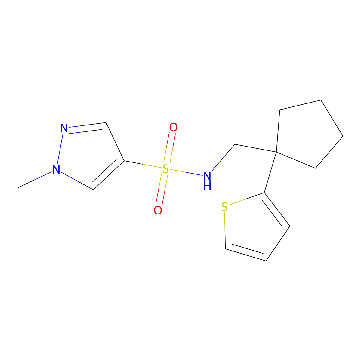 1-methyl-N-{[1-(thiophen-2-yl)cyclopentyl]methyl}-1H-pyrazole-4-sulfonamide molecular structure, CAS 1797082-16-6