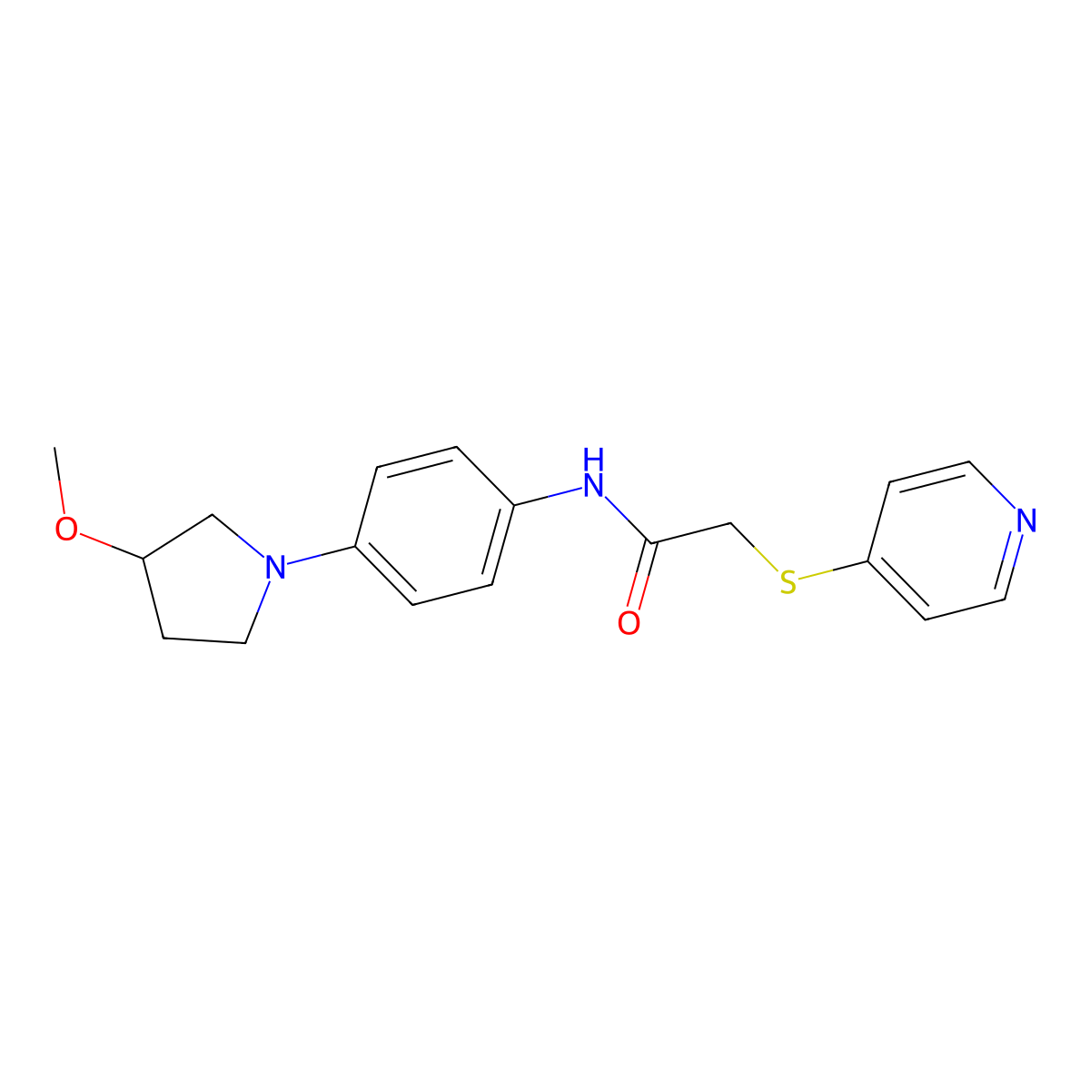 N-(4-(3-methoxypyrrolidin-1-yl)phenyl)-2-(pyridin-4-ylthio)acetamide molecular structure, CAS 1797082-76-8