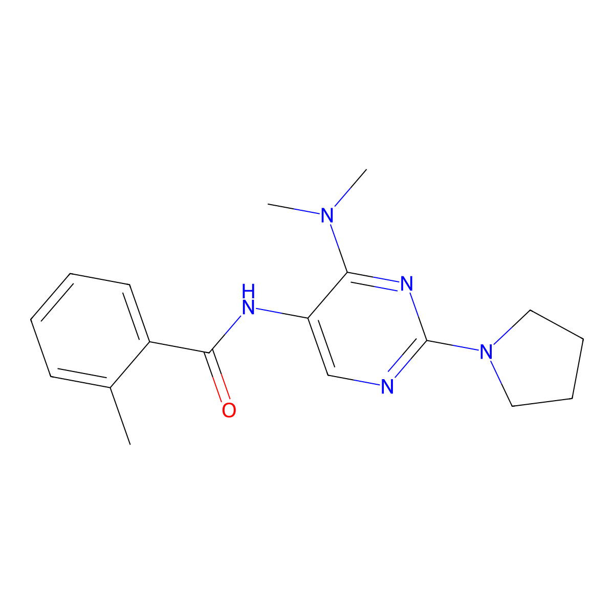 N-[4-(dimethylamino)-2-(pyrrolidin-1-yl)pyrimidin-5-yl]-2-methylbenzamide molecular structure, CAS 1797083-43-2
